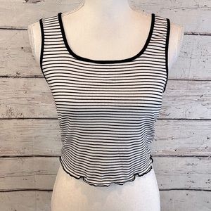 CAUTION TO THE WIND Tank Top Cropped Lettuce Hem Striped Black/White-Small